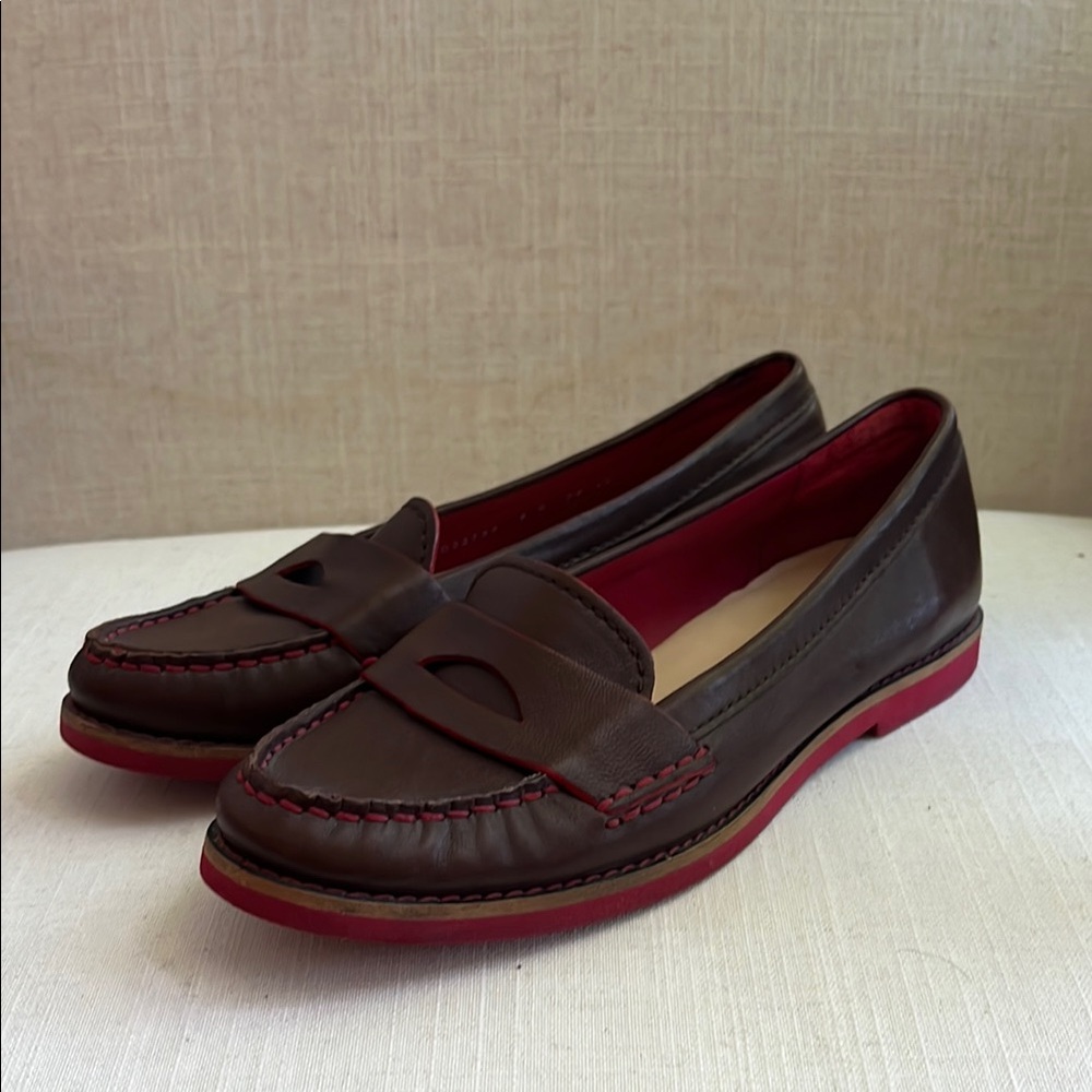 Cole Haan Comfort Brown Leather Penny Loafers w Red Topstitching & Soles 8